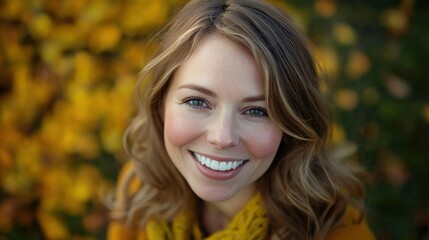 Naklejka premium A vibrant portrait of a woman in her 30s with a friendly smile, showcasing her youthful energy