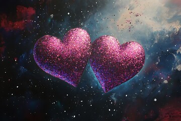 Obraz premium Two Glittering Hearts Against A Cosmic Background