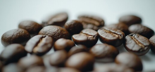 Close-up of roasted coffee beans on a light background.