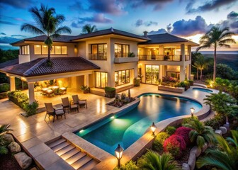 Obraz premium Hawaiian Luxury Mansion Night Pool Hot Tub Backyard - Modern Beige Stone Architecture