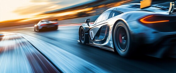 Dynamic racing scene with two high-performance cars on a track.