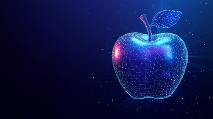 Abstract Digital Apple on Dark Blue Background with Low Poly Wireframe, Lines, and Glowing Particles for a Futuristic Design, Including Copy Space for Text Overlay