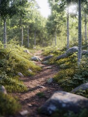 Dirt track hiking trail in woodland