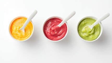 Three bowls of colorful fruit purees with spoons, ready for tasting or serving.