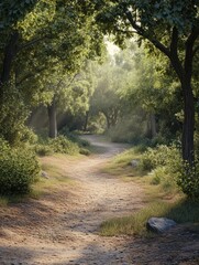 Dirt track hiking trail in woodland
