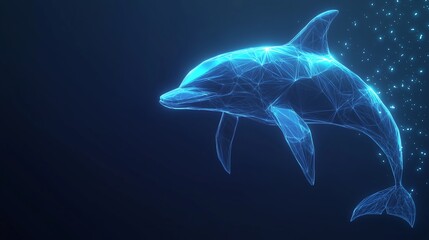 Abstract Dusky Dolphin on Dark Blue Background, Featuring Low Poly Wireframe Structure, Glowing Lines, and Particles for a Cutting-Edge Modern Design.