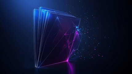 Abstract Folder Icon in Low Poly Wireframe with Dark Blue Background, Accentuated by Glowing Particles for a Modern Data Organization Theme.