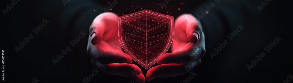 Poster Digital Security Concept with Hands Holding a Shield Symbolizing Protection and Safety in Modern Technology and Cybersecurity Measures