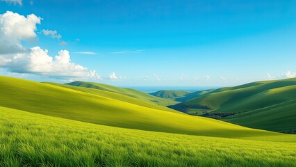 Obraz premium Gentle slope of perfectly manicured grass leading to a green valley, gentle slope, scenic view