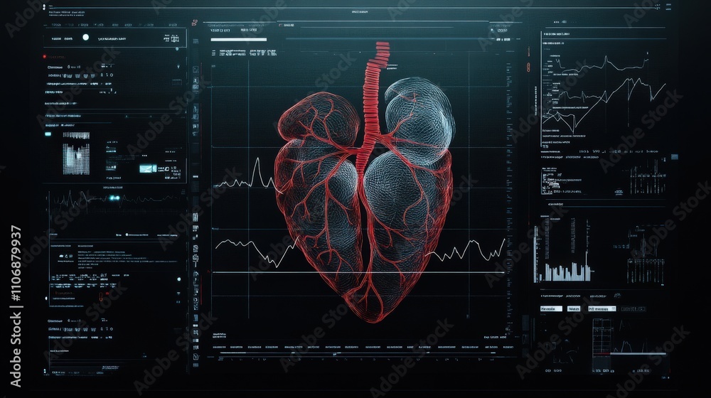 Poster advanced heart monitor visualization with 3d heart model and vital sign charts in medical technology