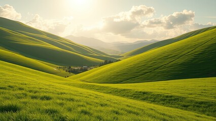 Fototapeta premium Gentle slope of perfectly manicured grass leading to a green valley, soft focus, natural light, gentle slope, perfect grass