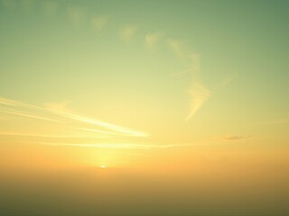 Fototapeta premium Gentle sunlight filtering through thin clouds in a pale green sky with a few white puffy clouds scattered about, serene landscape, sunlight filtering, pale green, gentle hue