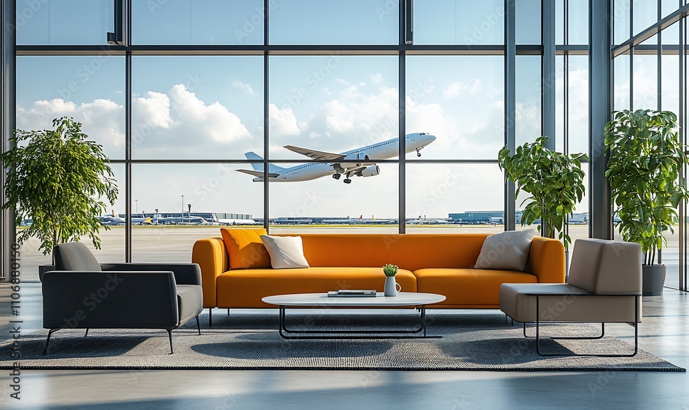 Poster modern airport lounge with large windows and a plane in the background.