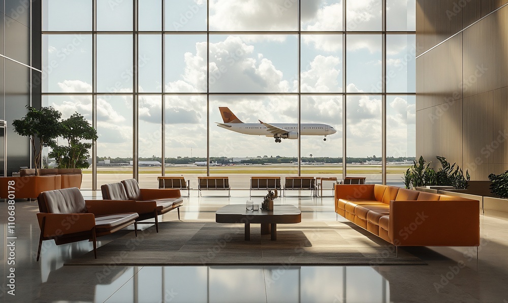 Poster modern airport lounge with large windows and an airplane in view.