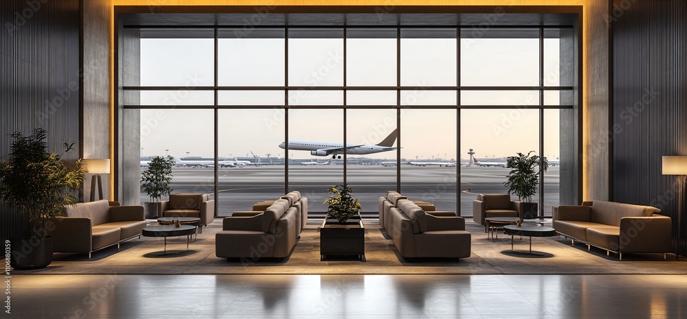 Poster modern airport lounge with seating and a view of planes outside.