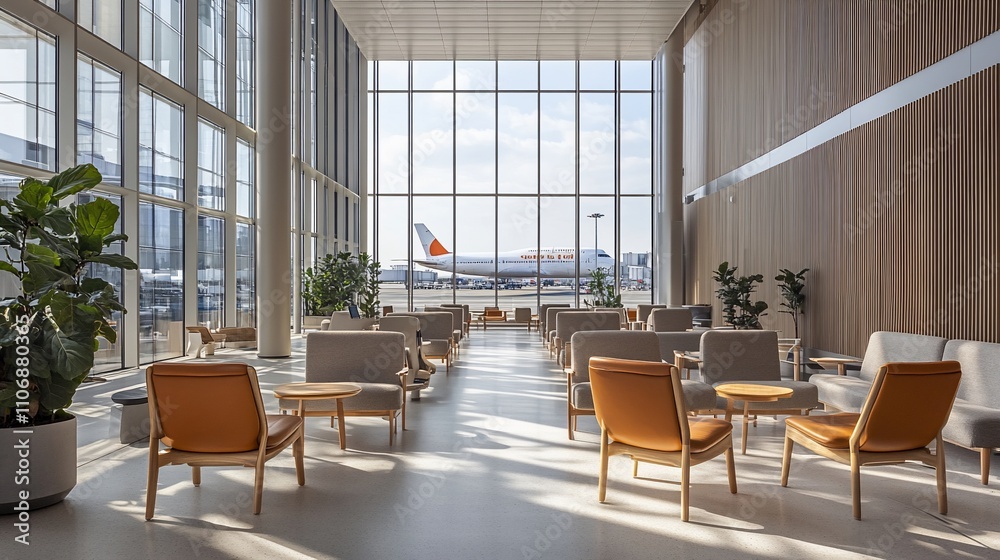 Poster modern airport lounge with seating and a view of an airplane.