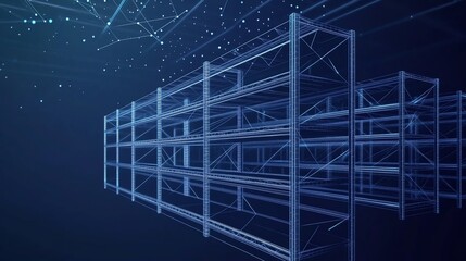 Abstract Smart Shelving Systems with Real-Time Inventory Tracking, Featuring Low Poly Wireframe Design, Glowing Particles, and Geometric Lines on a Dark Blue Background.