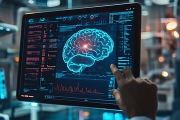 VFX hologram data patient brain record on touch screen.