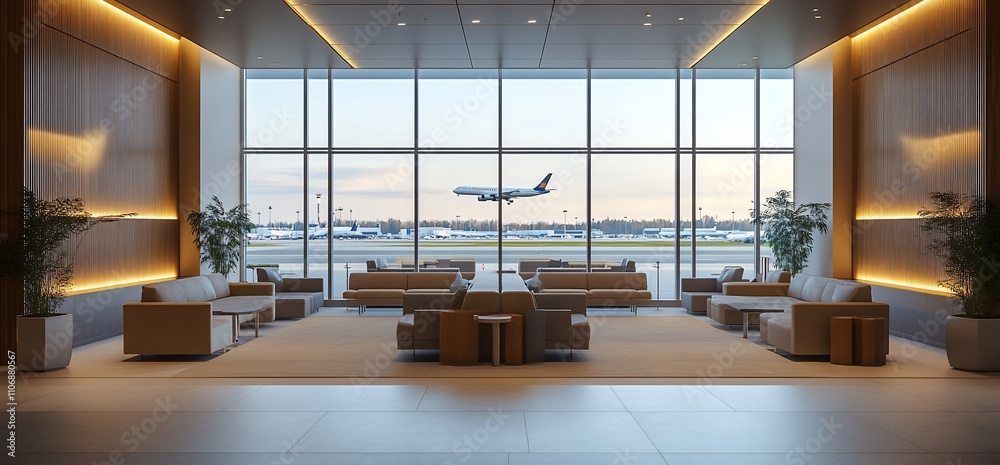 Poster modern airport lounge with seating and view of an airplane outside.