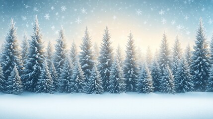 A serene winter landscape with snow-covered trees and gentle snowfall.
