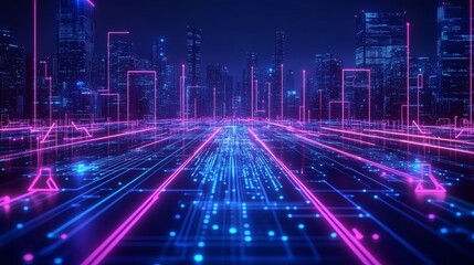 Fototapeta premium Futuristic Cityscape with Neon Lights and Digital Pathways