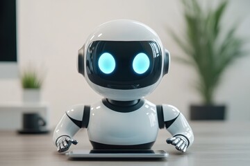 virtual assistant on tablet, a chatbot on a tablet in a tech-filled office space, surrounded by cozy lighting for an inviting work atmosphere