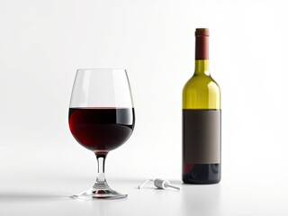 Glass of red wine and a bottle isolated on a white background with a subtle blur effect, sophisticated, intimate, blurred background, luxury