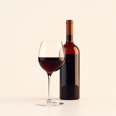 Glass of red wine and a bottle isolated on a white background with a warm golden light effect, beverage, luxury, still life