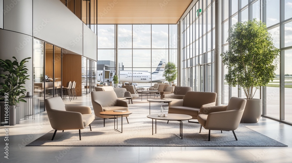 Poster modern lounge area in an airport with comfortable seating and large windows.