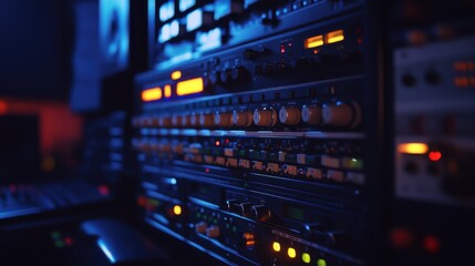 Fototapeta premium An image of a sleek rack of outboard gear, including preamps and EQs, softly illuminated by backlighting in a dim studio, audio engineering, professional studio equipment, high-end sound, audio rack