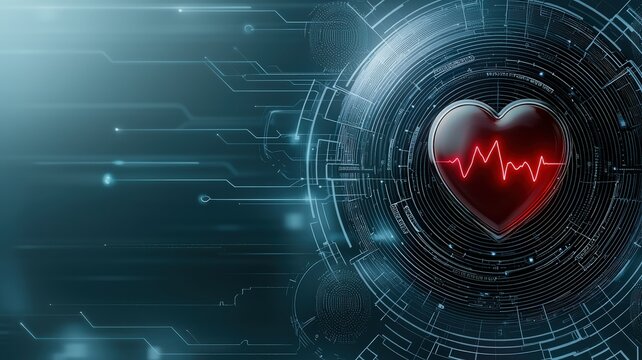 health warning risk campaign concept. Digital heart with heartbeat signal on a tech background.