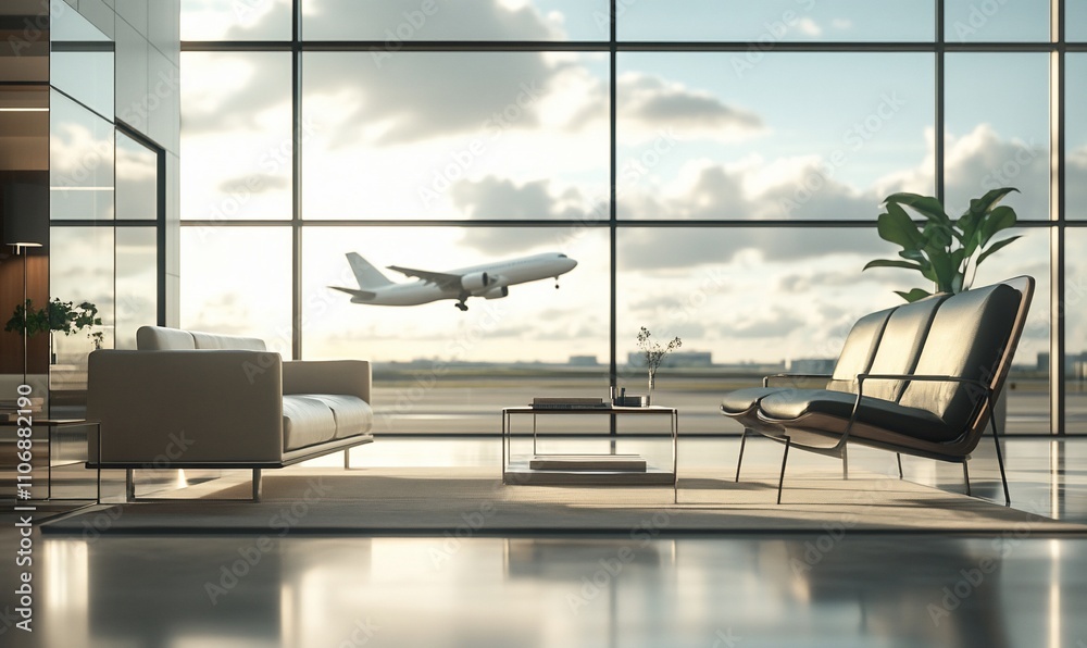 Poster modern lounge area with a view of an airplane taking off outside.