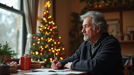 Festive Moment of a Man Reflecting by a Christmas Tree