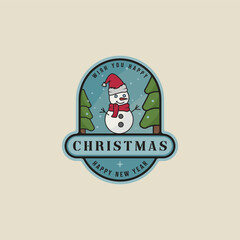 christmas snowman emblem logo line color vector illustration template icon graphic design. xmas decoration sign or symbol for celebration a new year with badge typography style