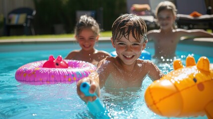 Children playing with pool toys like water guns and inflatable animals in a backyard swimming pool
