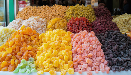 Fototapeta premium Colorful dried fruits displaying appealing textures and flavors at market stall