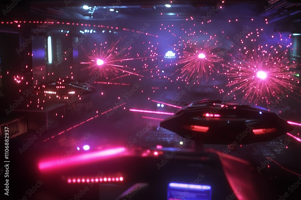 Poster a spaceship battle with lasers and explosions