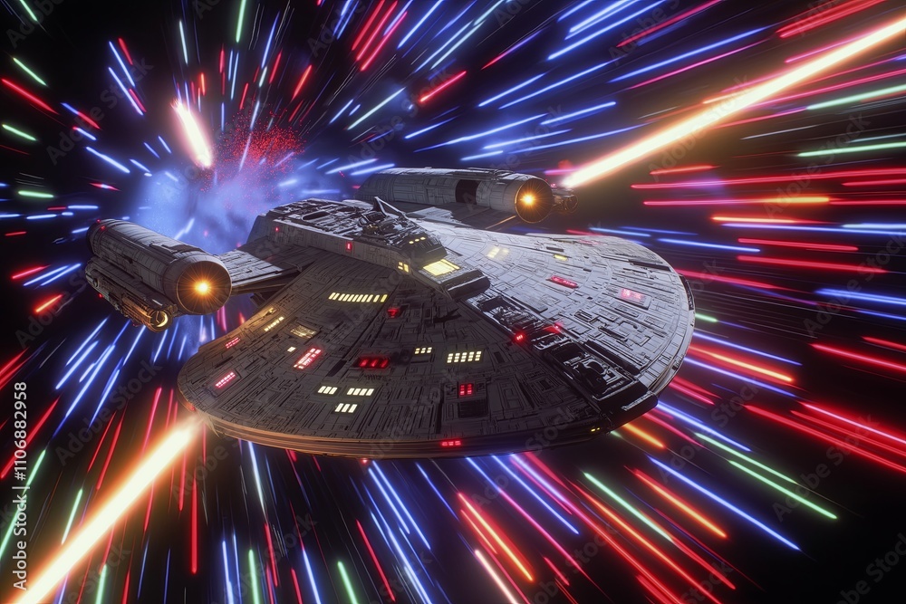 Poster a spaceship battle with lasers and explosions