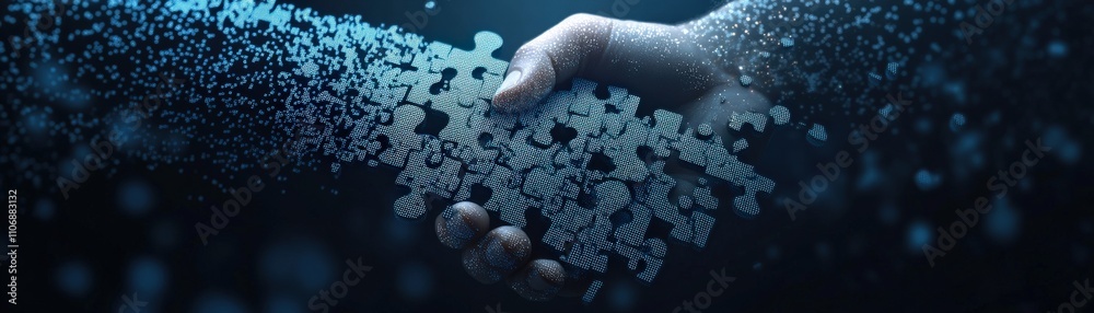 Poster Conceptual Image of a Hand Releasing Floating Puzzle Pieces, Symbolizing Problem Solving, Creativity, and Connection in an Abstract Environment with Blue Tones