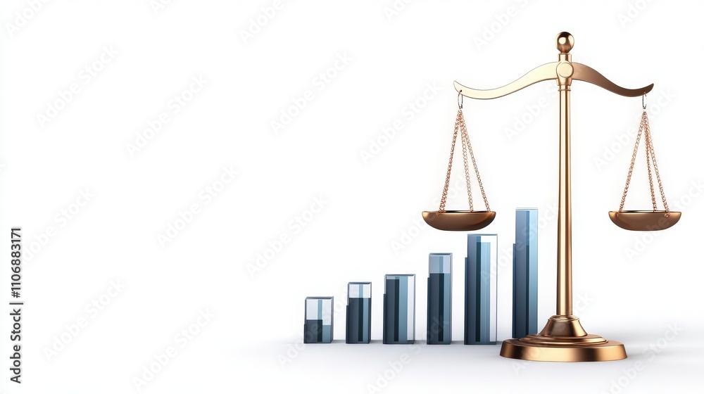 Poster A Balanced Scale Representing Justice and Growth Surrounded by Rising Bar Graphs Signifying Progress and Economic Development in a Modern Financial Environment