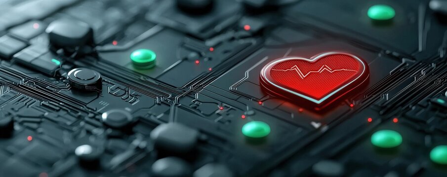 health warning risk campaign concept. Digital heart on a circuit board represents technology and health.