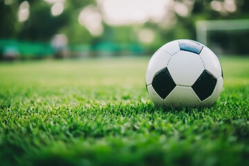 Fototapeta premium A soccer ball resting on a patch of well-manicured grass in a sports field, representing active lifestyle, competition, and outdoor recreation