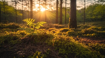 Obraz premium Golden Sunlight Filtering Through Trees in a Forest