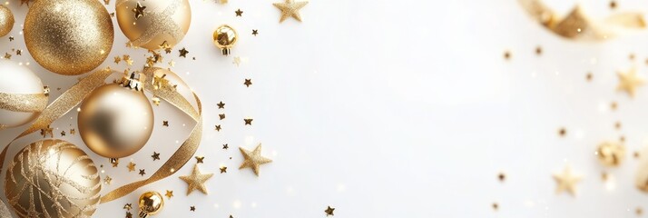 golden Christmas decorations, including ribbons and stars, elegantly placed on a white canvas with blank banner space.