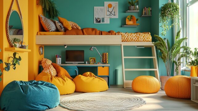 A vibrant teen bedroom with a loft bed, bean bags, and a creative workspace for hobbies and study