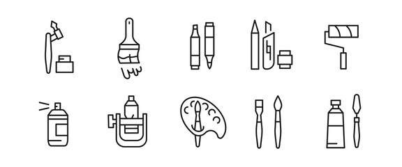 Art and painting icons. 10 art and painting trendy minimal icons. Palette, Paintbrush, Easel, Spray Can icon. Design signs for web page, mobile app, packaging design. Vector illustration.