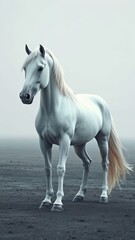 Obraz premium Majestic white horse stallion with a shiny coat and flowing mane standing alone in a vast gray landscape, noble animal, horse breed, isolated on gray background