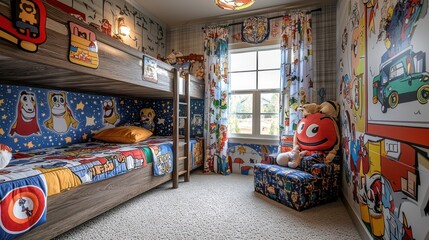 A whimsical kids' bedroom with a themed decor, featuring characters from popular children's shows and books