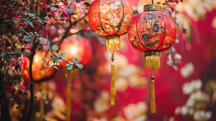 Fototapeta premium An artistic Chinese New Year backdrop with traditional motifs, lanterns, and festive decorations