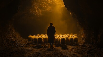 Naklejka premium A Silhouetted Shepherd Standing in a Cave with Sheep